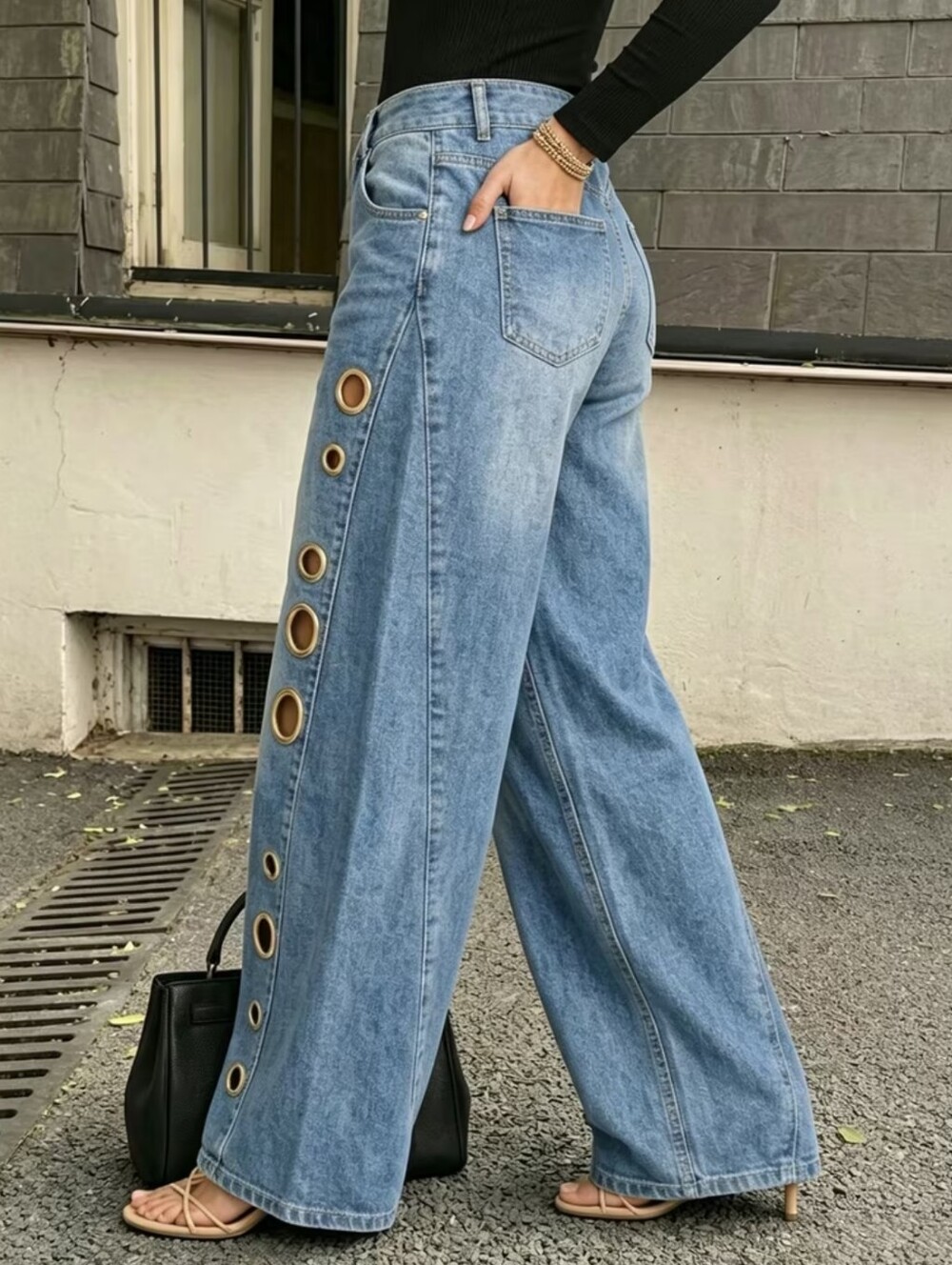 Women'S 2026 Metal Eyelet Wide Leg Jeans, High Waisted Washed Denim Pants, Uniqu - Picture 2 of 4